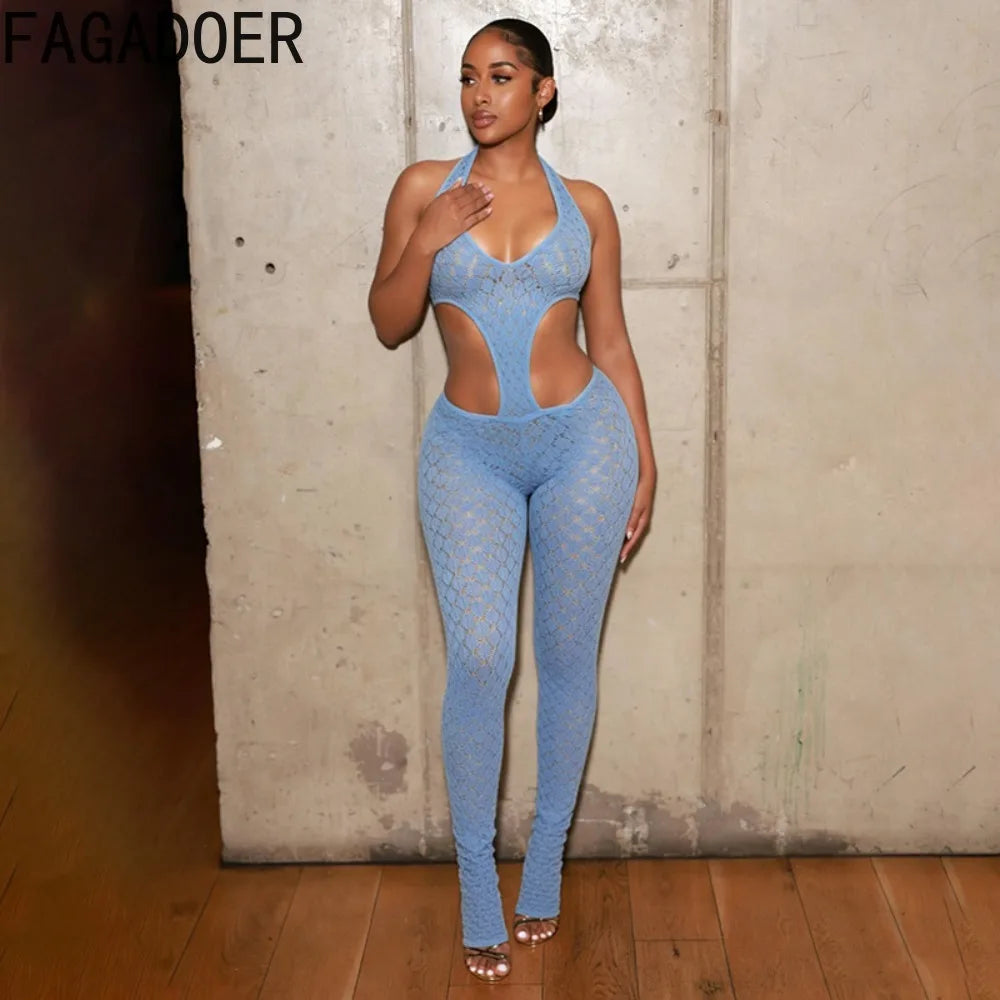 FAGADOER Sexy Lace Hollow-out Patchwork Bodycon Jumpsuits Woman Halter See Through Backless Rompers Female Streetwear Overalls