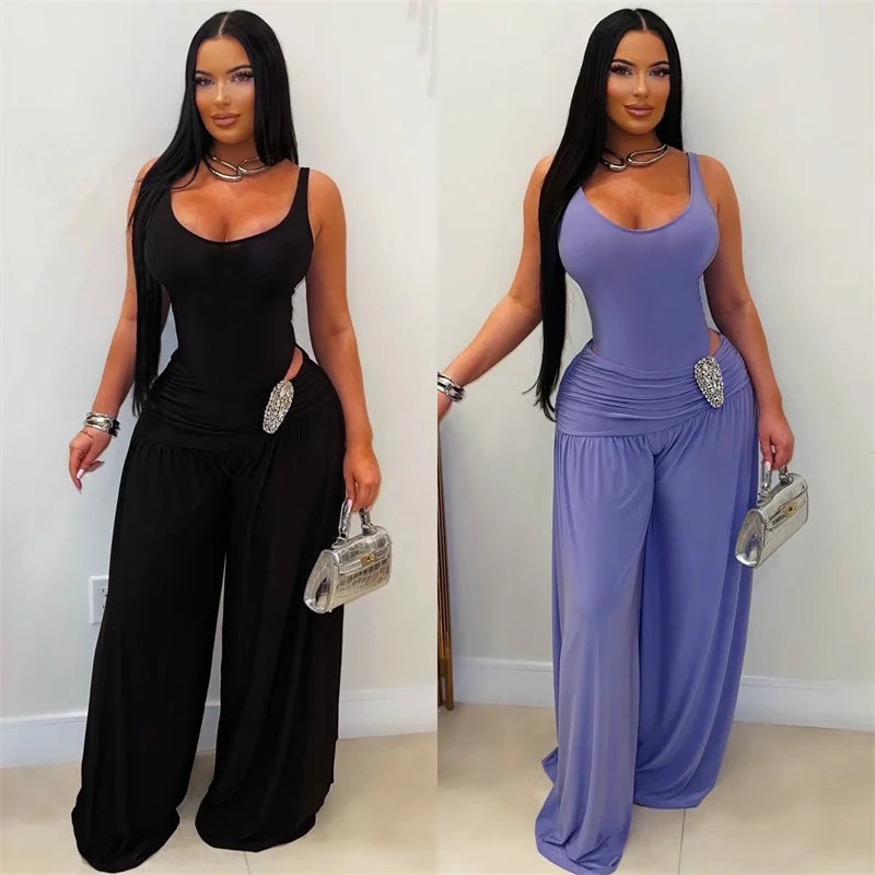 Doyerl Chic Party Club Wear Women's Jumpsuits and Rompers Sleeveless Tank V-neck Hollow Out Ruched Loose Wide Leg Overalls Femme