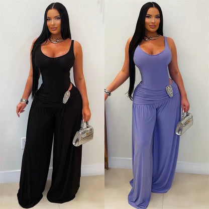 Doyerl Chic Party Club Wear Women's Jumpsuits and Rompers Sleeveless Tank V-neck Hollow Out Ruched Loose Wide Leg Overalls Femme