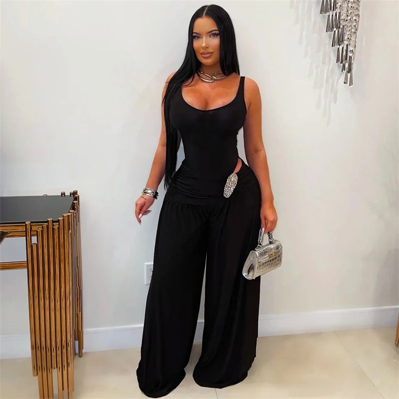 Doyerl Chic Party Club Wear Women's Jumpsuits and Rompers Sleeveless Tank V-neck Hollow Out Ruched Loose Wide Leg Overalls Femme