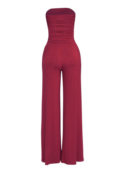 Tie detailed tube top and wide leg pant set