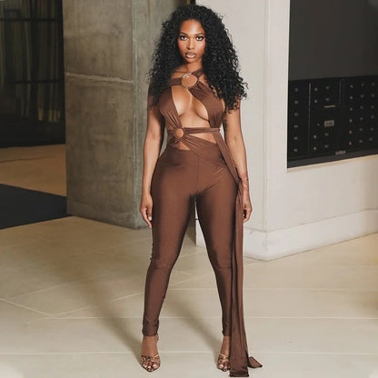 Sexy Lace-up Bandage Bodycon Jumpsuits for Woman Rave Festival Outfits Hollow Out Sleeveless Skinny Night Club Wear Party Romper