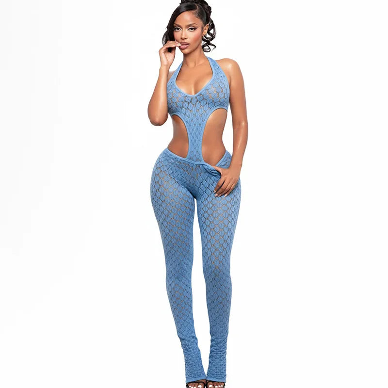 Sexy Jumpsuit Mesh See Through Hollow Out Backless Halterneck Rompers Summer 2026 Women Clothes Streetwear Skinny Jumpsuits