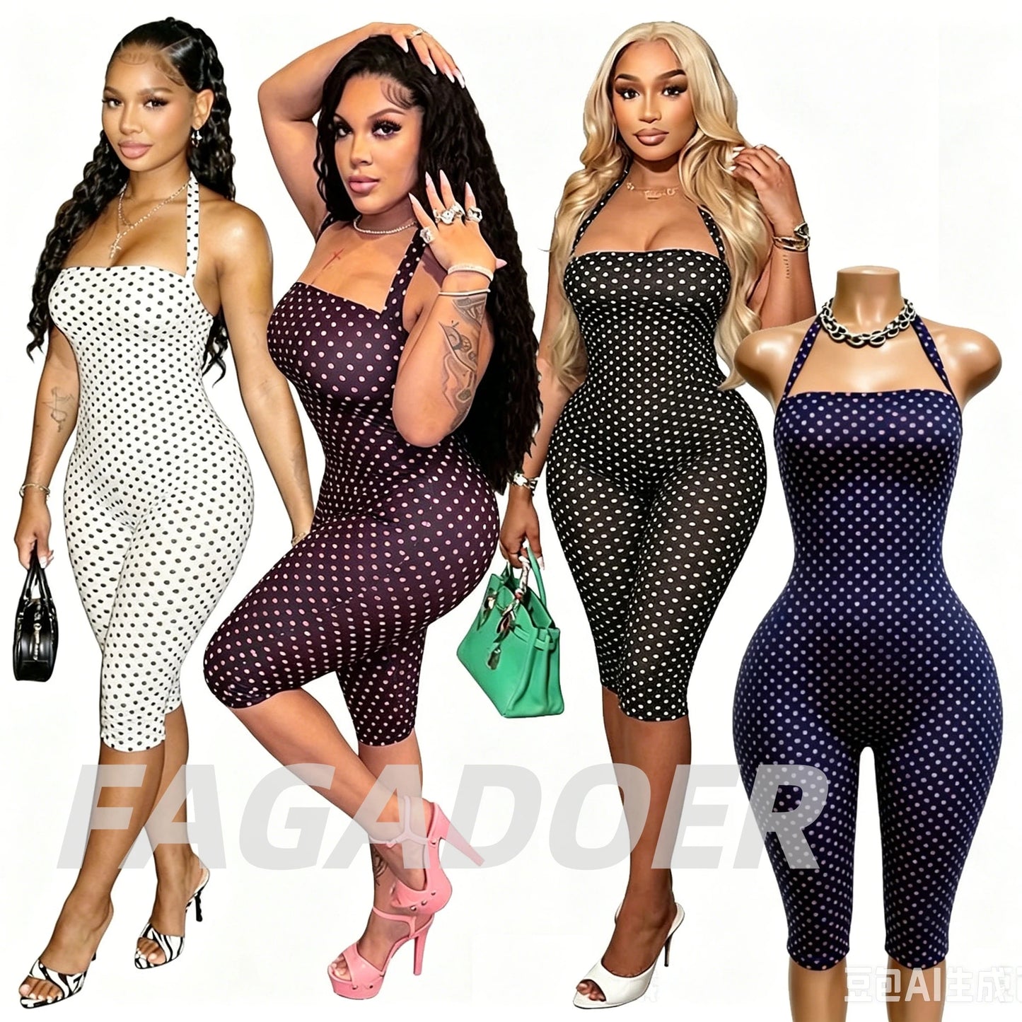 FAGADOER Sexy Polka Dot Halter Romper Fashion Print Backless Bodycon Jumpsuits Women Summer Streetwear Party Club Playsuits New