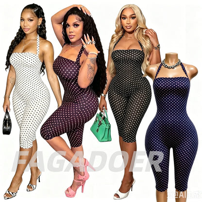 FAGADOER Sexy Polka Dot Halter Romper Fashion Print Backless Bodycon Jumpsuits Women Summer Streetwear Party Club Playsuits New