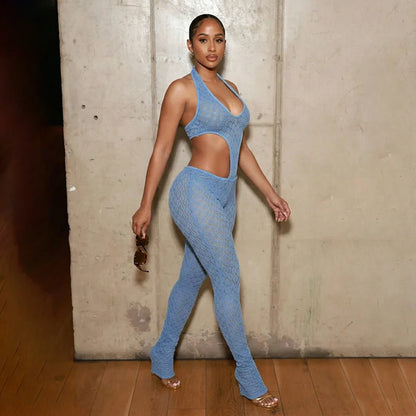 Sexy Jumpsuit Mesh See Through Hollow Out Backless Halterneck Rompers Summer 2026 Women Clothes Streetwear Skinny Jumpsuits