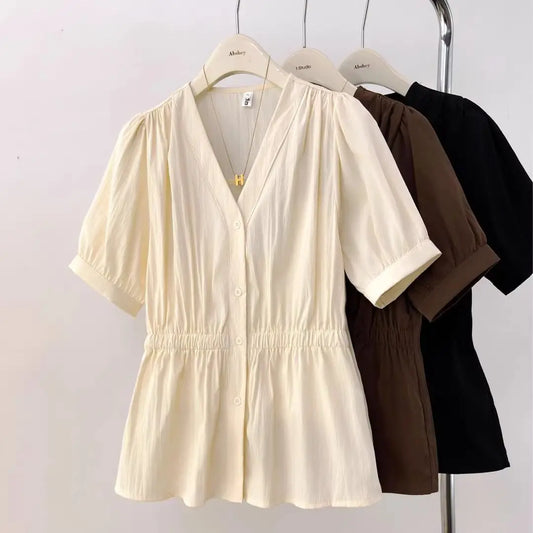 200 Pounds Plus Size Elastic Waist Office Lady Trend Shirt And Blouse Solid Color Top Women Clothing V-neck French Chic Basics