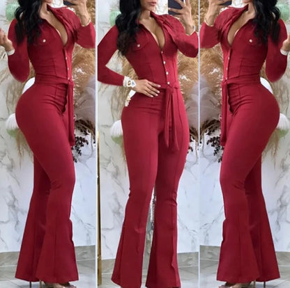 Jumpsuit Women 2023 Autumn Fashion Button Casual Turn-Down Collar Long Sleeve Skinny Bootcut Jumpsuit with Belt Y2K Streetwear