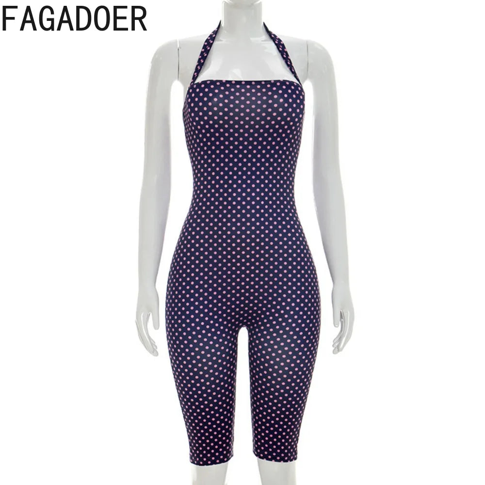 FAGADOER Sexy Polka Dot Halter Romper Fashion Print Backless Bodycon Jumpsuits Women Summer Streetwear Party Club Playsuits New
