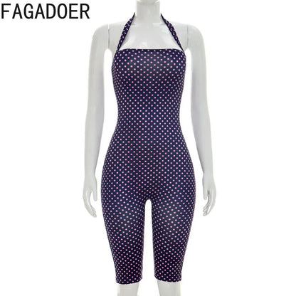 FAGADOER Sexy Polka Dot Halter Romper Fashion Print Backless Bodycon Jumpsuits Women Summer Streetwear Party Club Playsuits New