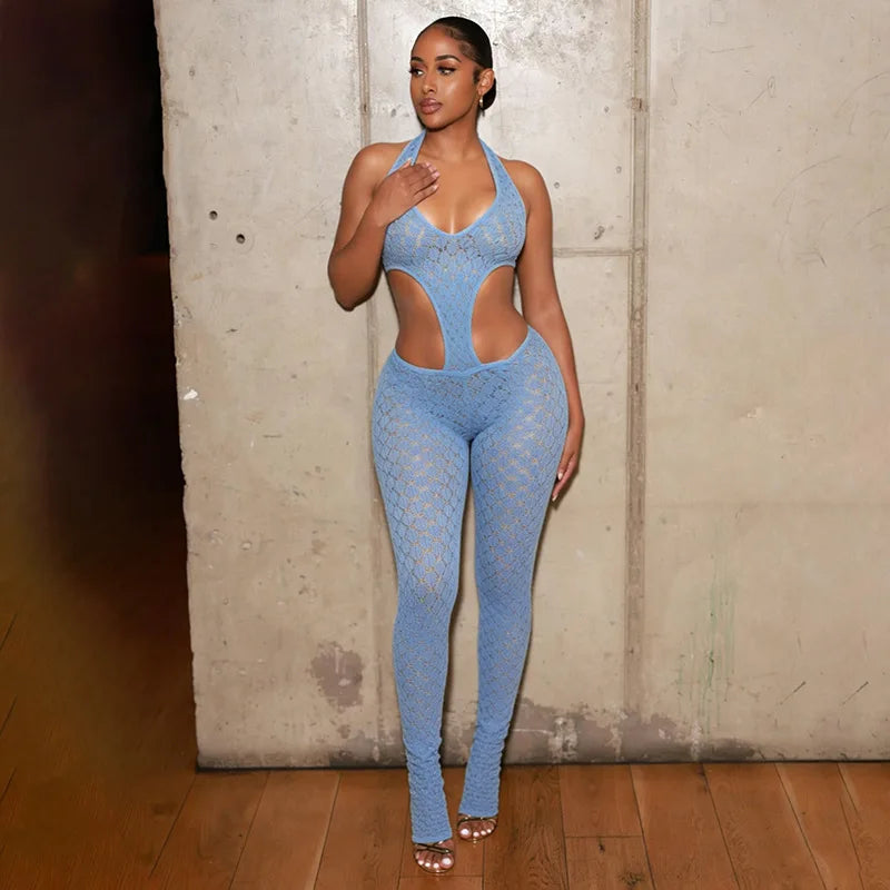 Sexy Jumpsuit Mesh See Through Hollow Out Backless Halterneck Rompers Summer 2026 Women Clothes Streetwear Skinny Jumpsuits