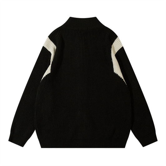 Color Block Zipper Cardigan Sweater Men's Autumn Street Style Stand Collar Long Sleeve Loose Knitwear