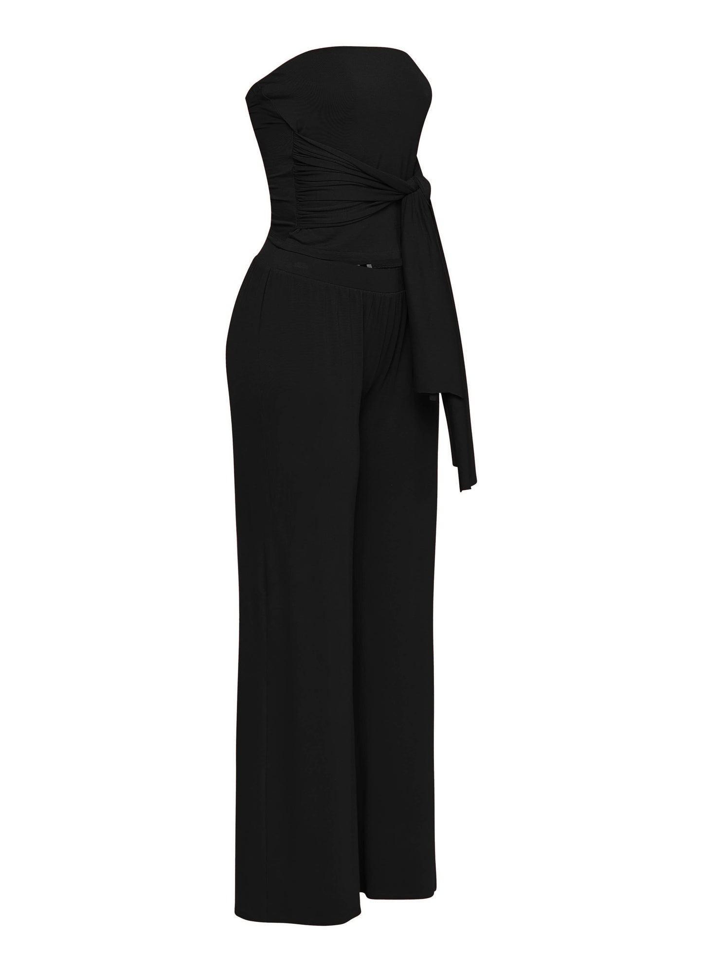 Tie detailed tube top and wide leg pant set