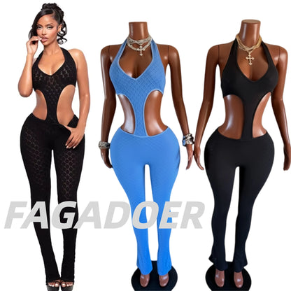 FAGADOER Sexy Lace Hollow-out Patchwork Bodycon Jumpsuits Woman Halter See Through Backless Rompers Female Streetwear Overalls
