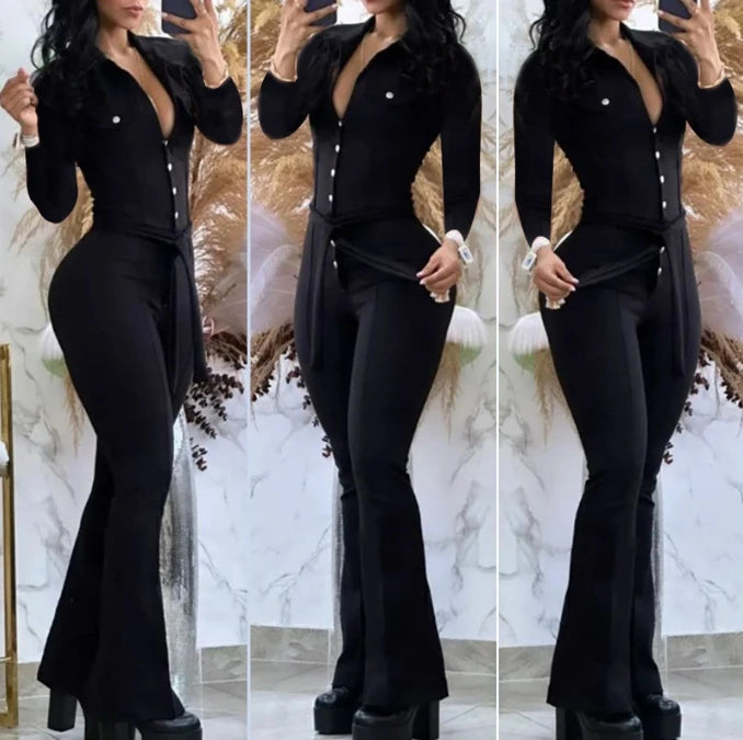 Jumpsuit Women 2023 Autumn Fashion Button Casual Turn-Down Collar Long Sleeve Skinny Bootcut Jumpsuit with Belt Y2K Streetwear