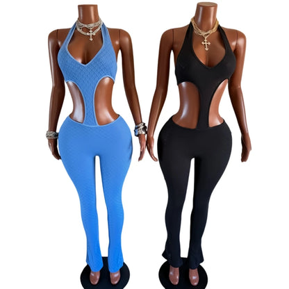 FAGADOER Sexy Lace Hollow-out Patchwork Bodycon Jumpsuits Woman Halter See Through Backless Rompers Female Streetwear Overalls