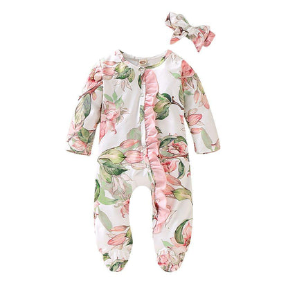 Modern Interesting Luxury Floral Newborn Baby Girl Clothes Infant Baby Girl Footed Full Sleeve Outfit Romper Jumpsuit With Big Bow In Modern Design