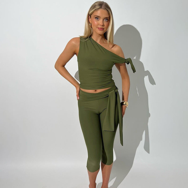 Women Clothing Summer Street Shooting Diagonal Collar Sleeveless Top Slim Fit Tied Shorts Suit