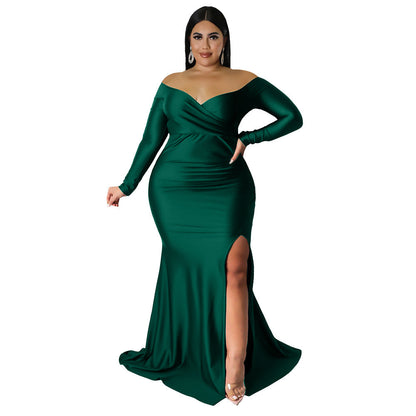Plus Size Women Clothes Sexy Dress Nightclub V neck Formal Dress Solid Color Split Maxi Dress Autumn Winter Women