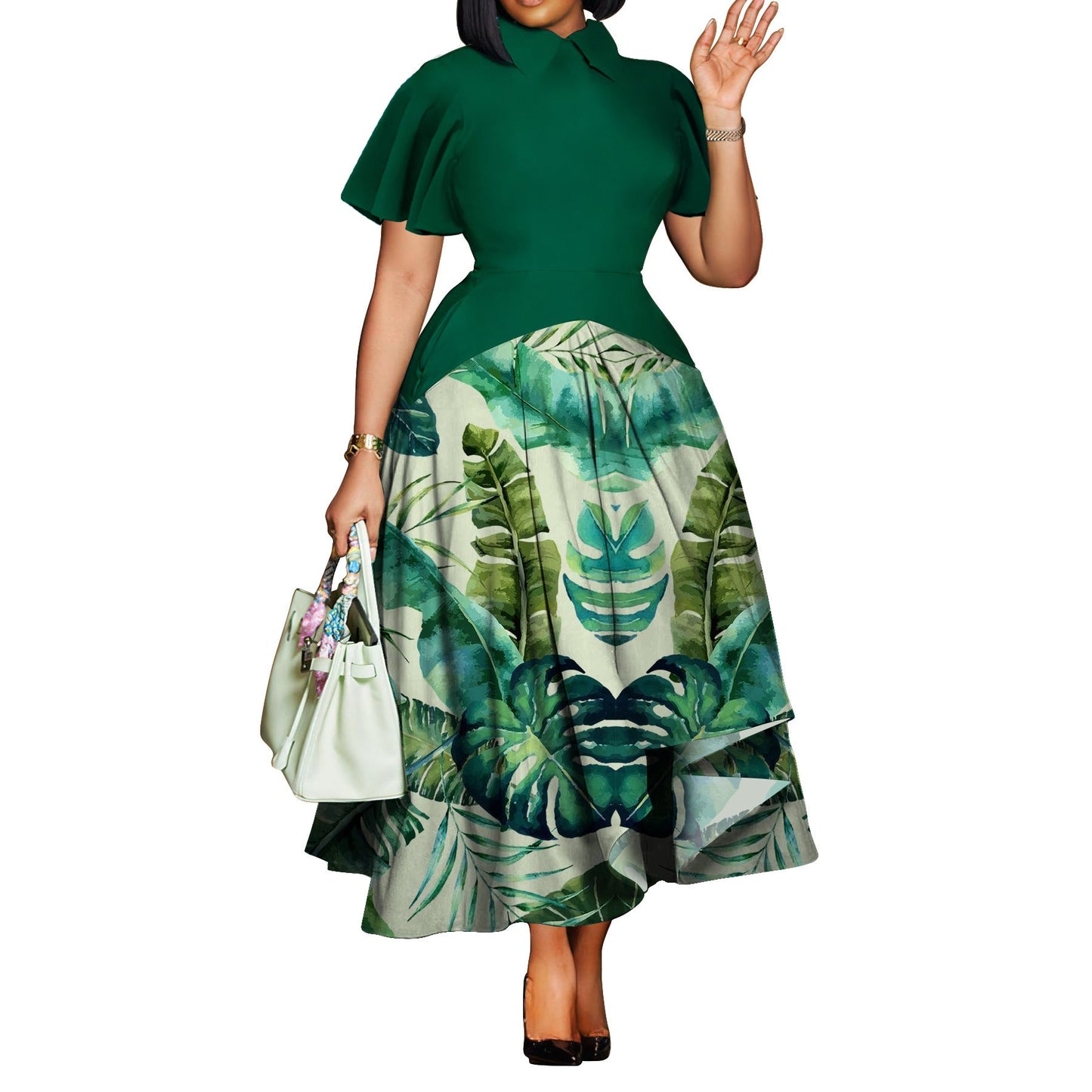 Plus Size Women Clothing Summer Fashionable Elegant Collared Ruffle Sleeve Dress Large Swing African Dress With pockets