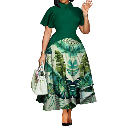 Plus Size Women Clothing Summer Fashionable Elegant Collared Ruffle Sleeve Dress Large Swing African Dress With pockets