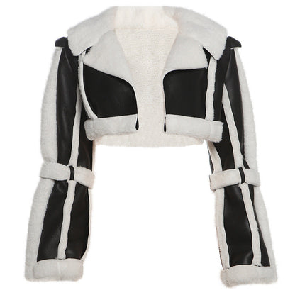 Women Clothing Street Faux Leather Stitching Short Fur Collar Cropped Coat