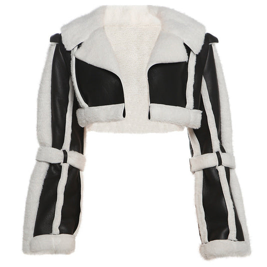 Women Clothing Street Faux Leather Stitching Short Fur Collar Cropped Coat