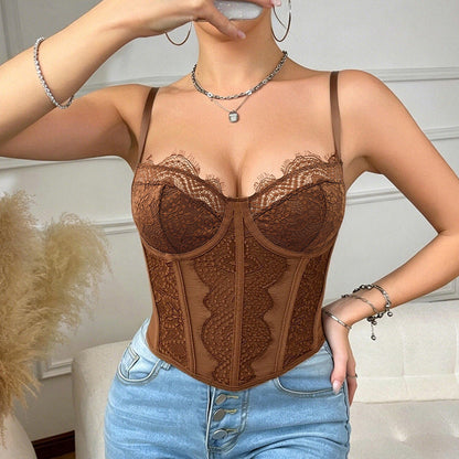 Sexy See through Lace Bra Top French Jacquard Outer Wear Sexy Boning Corset Vest