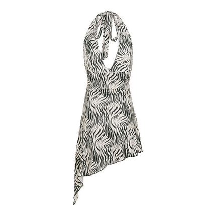 Animal Print Irregular Asymmetric Backless Deep V Plunge Halter Dress Street Sexy