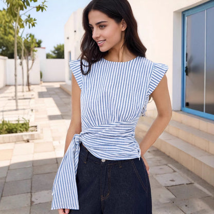 Elegant Chic Striped round Neck Sleeveless Waist Slim Fit Short Temperamental Women Top