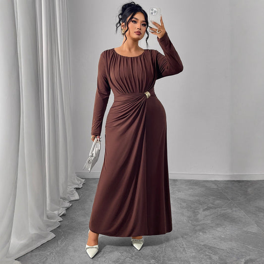 Plus Size Autumn Winter Brown Dress Women Clothes round Neck Long Sleeve Waist Design Pleated Dress