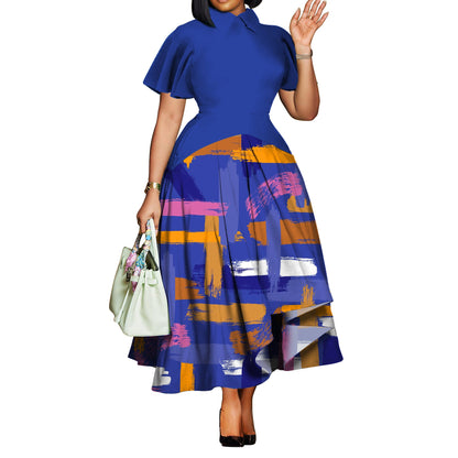 Plus Size Women Clothing Summer Fashionable Elegant Collared Ruffle Sleeve Dress Large Swing African Dress With pockets