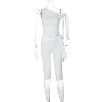 Women Clothing Summer Street Shooting Diagonal Collar Sleeveless Top Slim Fit Tied Shorts Suit