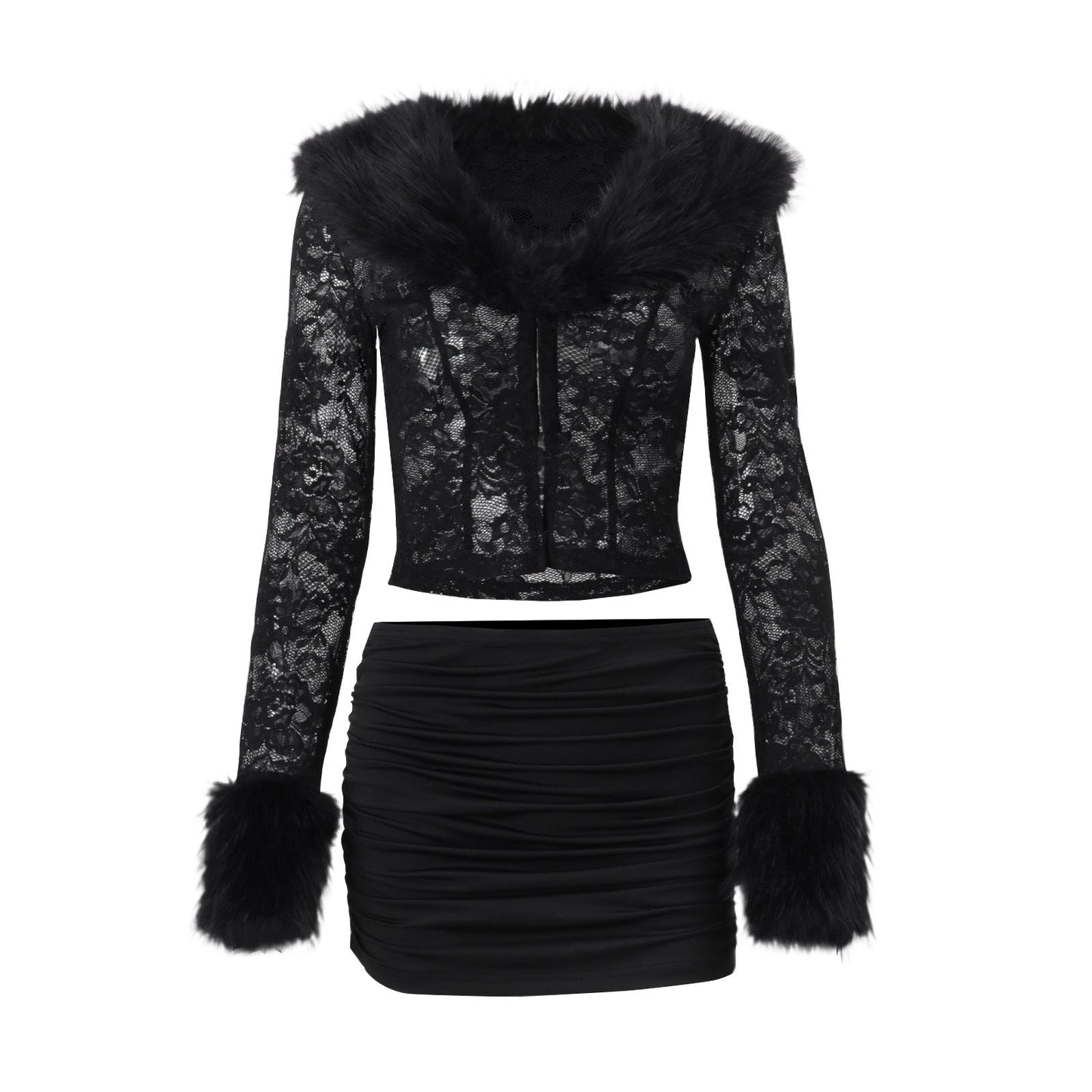 Women Clothing Autumn Winter Street Lace Plush Long Sleeved Top Sexy Skirt Set