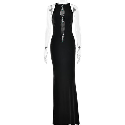 Elegant Hollow Out Cutout out Ladies Dress Sexy Sleeveless Metal Hardware Embellished Slim Fit Fishtail