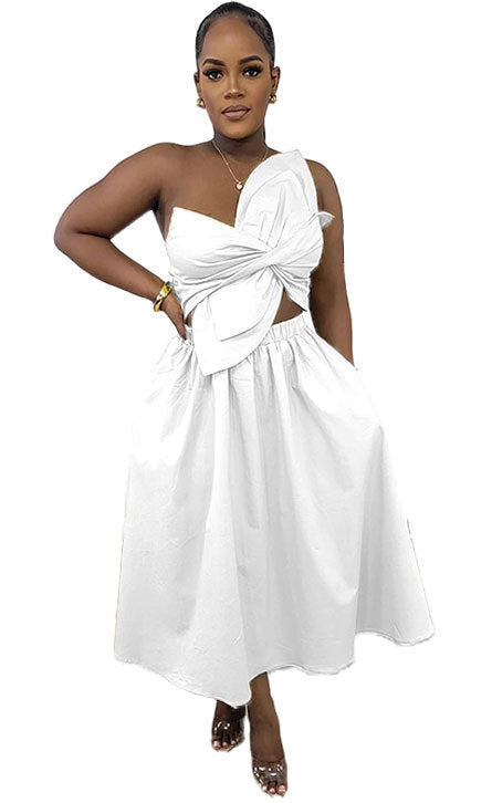 Sexy Solid Color Smocking One Shoulder Petal Hollow Out Cutout out Dress