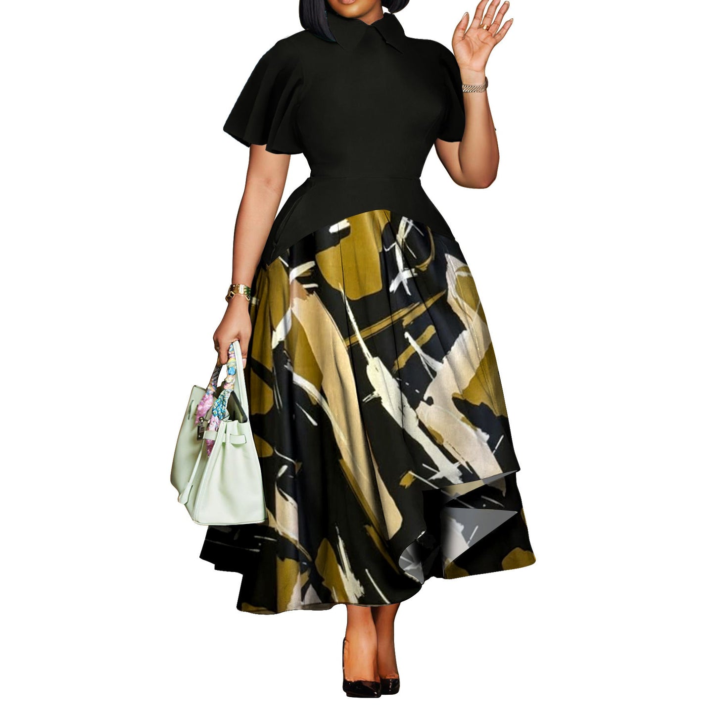 Plus Size Women Clothing Summer Fashionable Elegant Collared Ruffle Sleeve Dress Large Swing African Dress With pockets