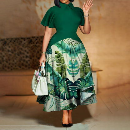 Plus Size Women Clothing Summer Fashionable Elegant Collared Ruffle Sleeve Dress Large Swing African Dress With pockets