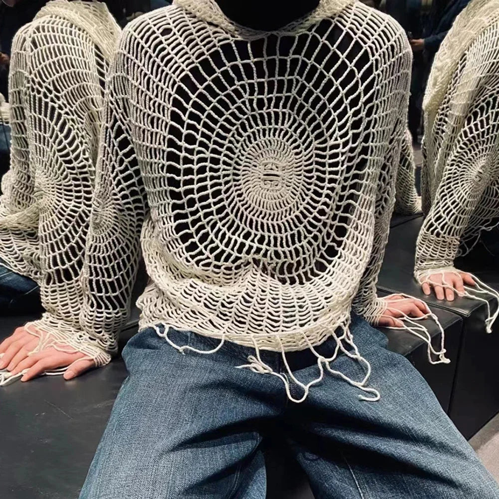 Y2K Spider Web Hooded Sweater – Men’s Hollow Knit Streetwear Pullover | Korean Grunge Oversized Hoodie (Genderless Fit)