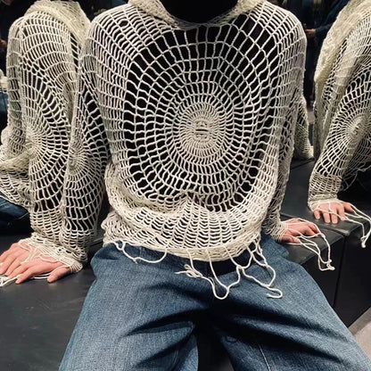 Y2K Spider Web Hooded Sweater – Men’s Hollow Knit Streetwear Pullover | Korean Grunge Oversized Hoodie (Genderless Fit)