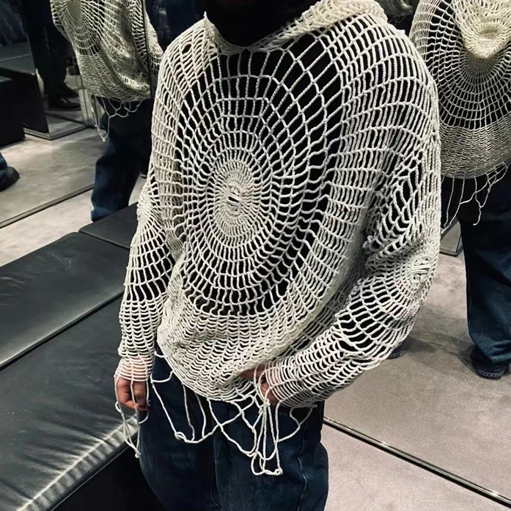 Y2K Spider Web Hooded Sweater – Men’s Hollow Knit Streetwear Pullover | Korean Grunge Oversized Hoodie (Genderless Fit)