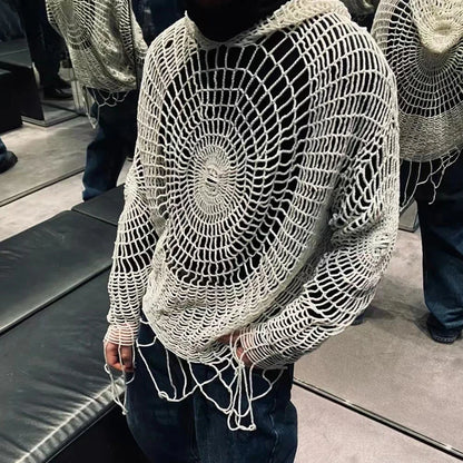 Y2K Spider Web Hooded Sweater – Men’s Hollow Knit Streetwear Pullover | Korean Grunge Oversized Hoodie (Genderless Fit)