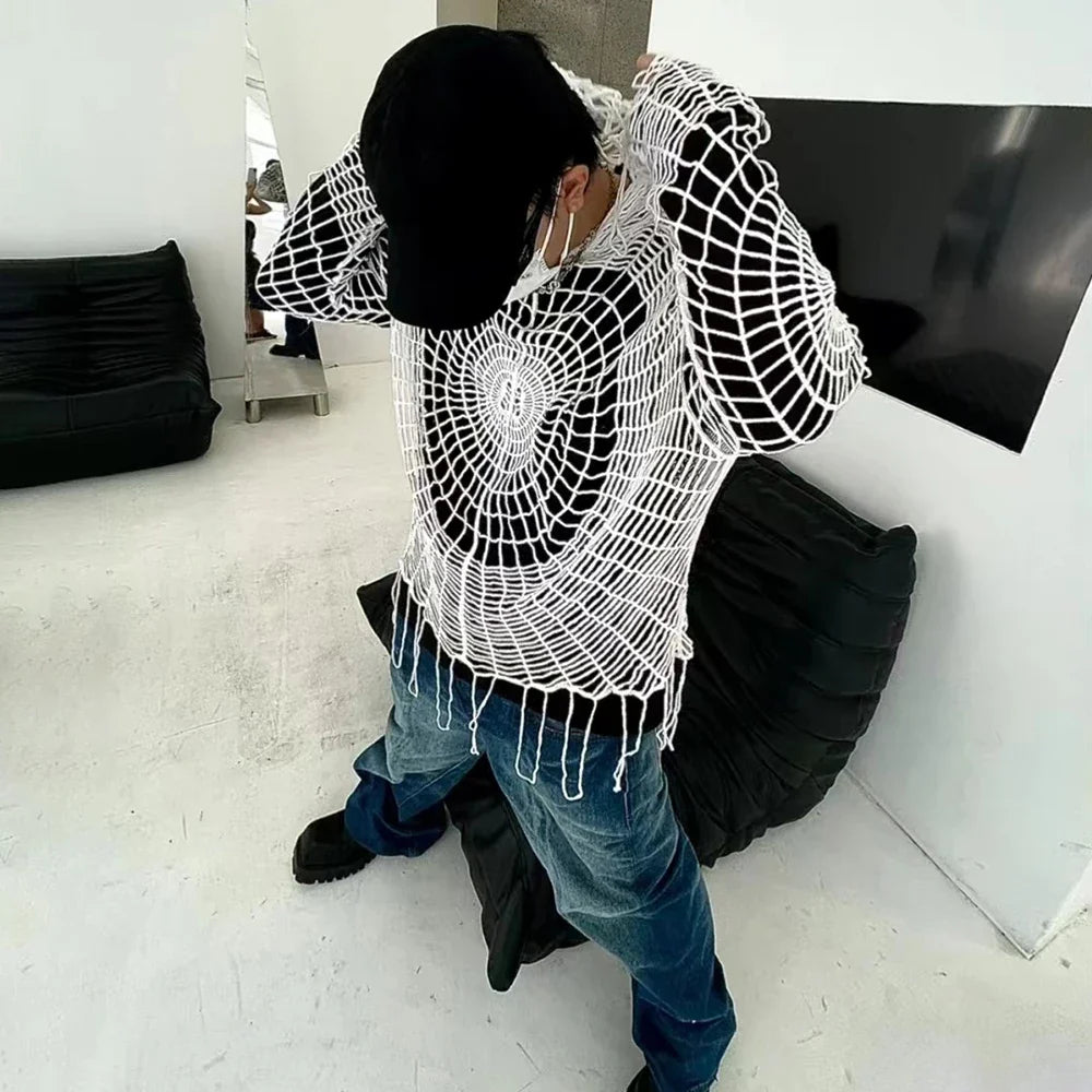 Y2K Spider Web Hooded Sweater – Men’s Hollow Knit Streetwear Pullover | Korean Grunge Oversized Hoodie (Genderless Fit)