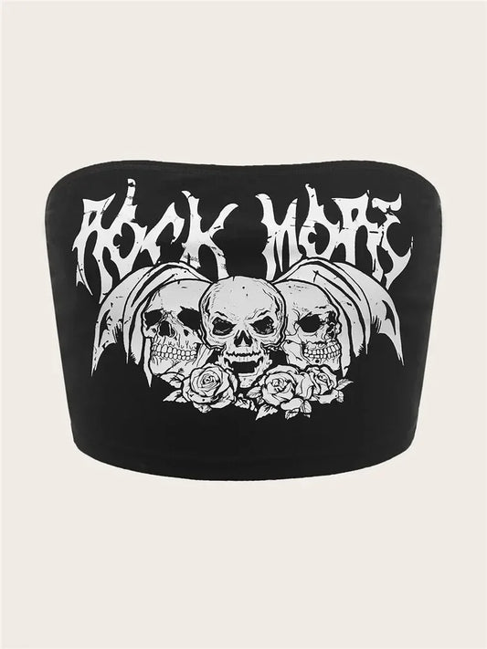 Gothic Punk Skull Letter Graphic Crop Top Women Y2K Vintage Grunge Summer Black Cute Tube Top Streetwear Corset Tops Clothes