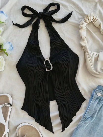 Sexy V-neck Halter Neck Crop Top for Women Summer Sleeveless Solid Split Backless Top Y2K Clothes