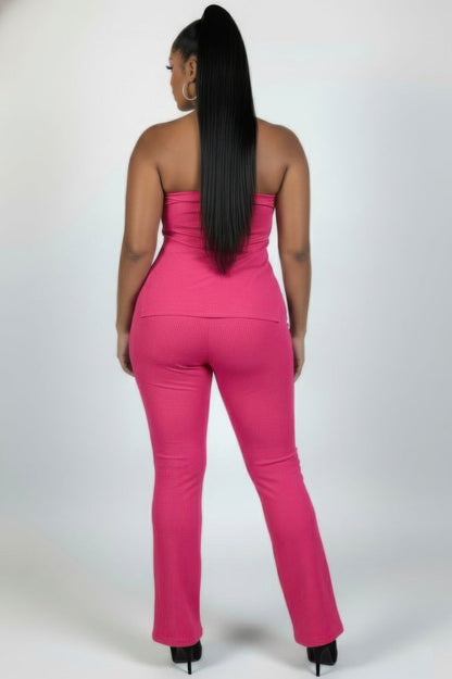 Plus Size Ultra-fine Ribbed Slit Tube Top & High-waist Flare Pants Set