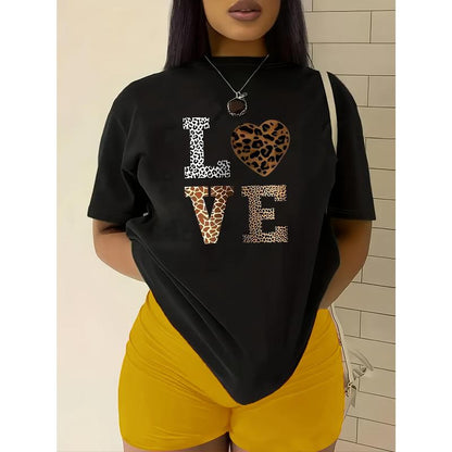 Women's Leopard Heart LOVE T-Shirt – Casual Crewneck Summer Streetwear