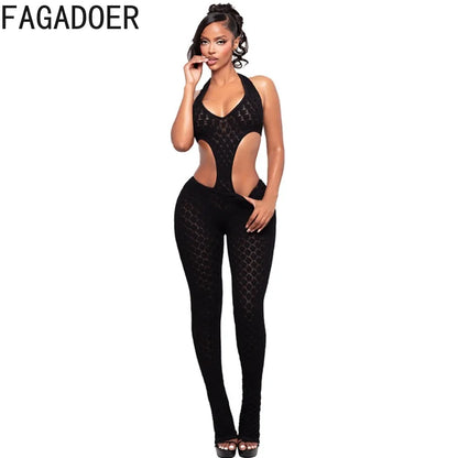 FAGADOER Sexy Lace Hollow-out Patchwork Bodycon Jumpsuits Woman Halter See Through Backless Rompers Female Streetwear Overalls