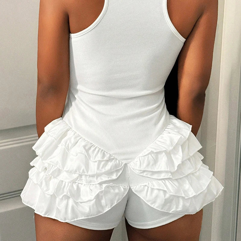 BKLD Cute Strap Playsuit Solid High Waist U Collar Sleeveless Ruffles Pleated Package Hip Jumpsuit Shorts Casual Sexy Streetwear