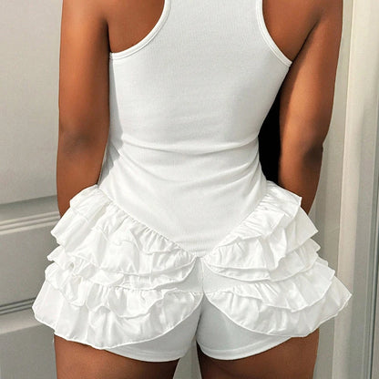 BKLD Cute Strap Playsuit Solid High Waist U Collar Sleeveless Ruffles Pleated Package Hip Jumpsuit Shorts Casual Sexy Streetwear